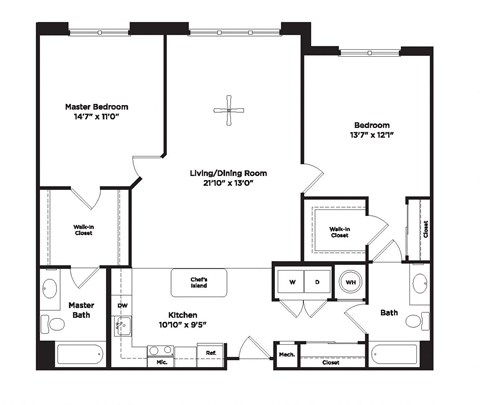 Floor plan for 2 beds, 2 baths, 1222 sqft
